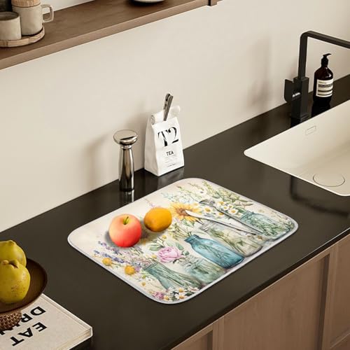 Spring Summer Floral Jars Flowers Dish Drying Mat for Kitchen Counter Absorbent Microfiber Small Drying Pad Dish Mats for Kitchen Countertops 16 x 18 Inch (18" x 16")