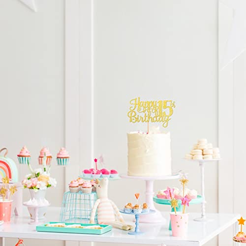 1 PCS Happy 15th Birthday Cake Topper Gold Glitter Cheers to 15 Years Birthday Cake Pick Mis Quince 15 Fabulous Cake Decoration for Happy 15th Birthday Theme Party Decorations Supplies (Gold / 15th)
