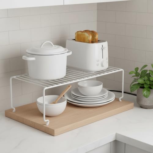 6-Pack Large (15.7x8.54inch) Multi-Level Organizer Rack, Kitchen Shelves for Spice Organization for Cabinet, Pantry Organizers and Storage, Wire Extra Shelf, Desk Organizer, Stackable, White (6 Count)