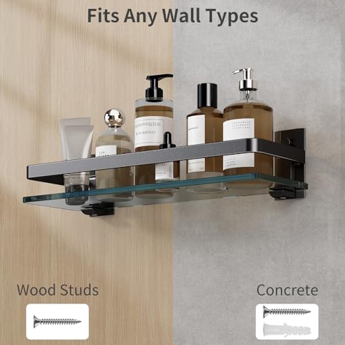 Clear Tempered Glass Wall Shelf (Black / Single Shelf)