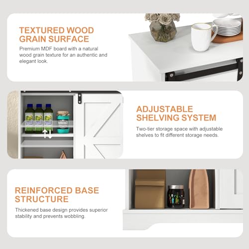 Sliding Barn Door Buffet Sideboard Storage Cabinet Coffee Bar Kitchen Farmhouse Style (White)