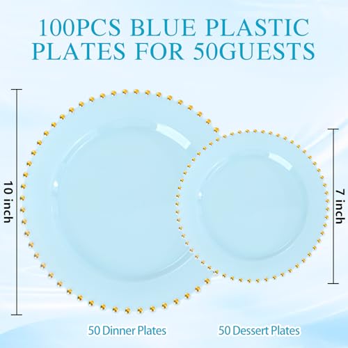 100pcs Light Blue Plastic Plates with Gold Beads for Wedding Party (100 Count)