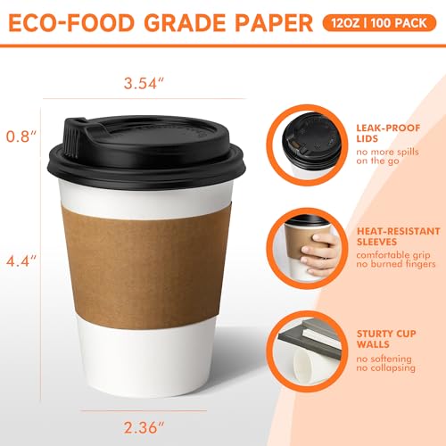 100 Pack 12 oz Disposable Coffee Cups with Lids and Sleeves (White / 12 oz)