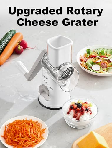 Rotary Cheese Grater Vegetable Shredder With 6 Interchangeable Blades No Slip Suction Base (White Grey / 6 Blades)