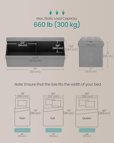 43.3 Inches Folding Storage Ottoman Bench (Light Gray / 15"D x 43"W x 15"H (without Flipping Lid))