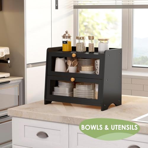Double Layer Bread Box Container for Kitchen Countertop Homemade Bread (Black / 2 Tier-Large)