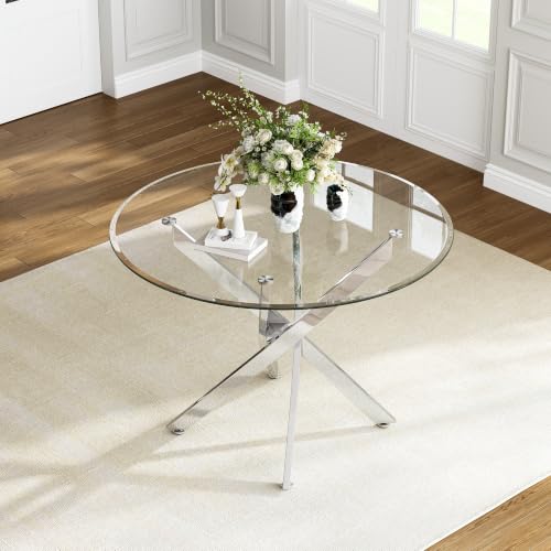 36" Round Glass Dining Table for 4 (Silver Round Table / 1 Piece)