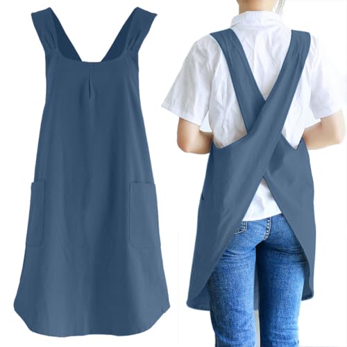 Japanese Cotton Cross Back Kitchen Cooking Aprons for Women with Pockets Cute for Baking Painting Gardening Cleaning Gray Blue (08 - Women's Blue Gray)