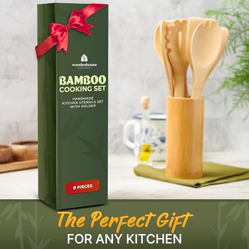 Bamboo Cooking Utensils Set 7 Pcs with Holder (7 Pieces Extended)