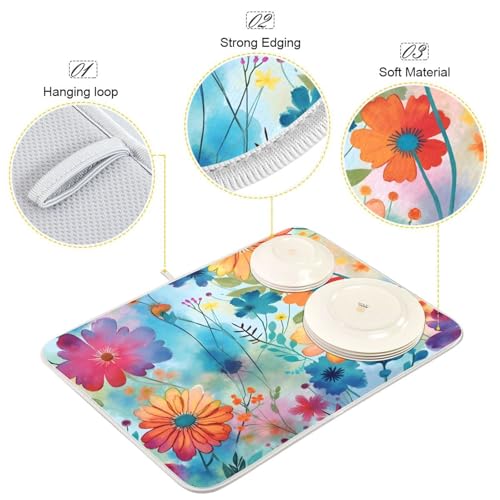 Colorful Flowers Blue Dish Drying Mat for Kitchen Counter Absorbent Microfiber Drying Pad (18" x 24")
