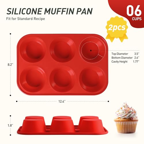 2 Pack 6 Cups Silicone Mini Muffin Pan with Metal Reinforced Frame Silicone Molds Cupcake Cake Baking Pans Cookie Baking Chocoflan Cupcake Mold Cake Molds Kitchen Baking Mom Gift Home Essentials (2pc: 6-Cup Jumbo / Red)