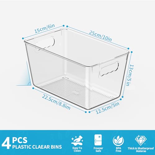 Clear Fridge Organizer Bins with Handles (4 Pack / M with Handles (10"L x 6"W x 5"H))