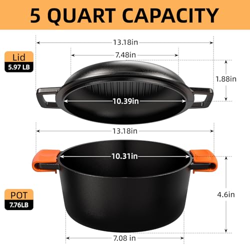 Cast Iron Dutch Oven Pot with Skillet Lid (5QT)
