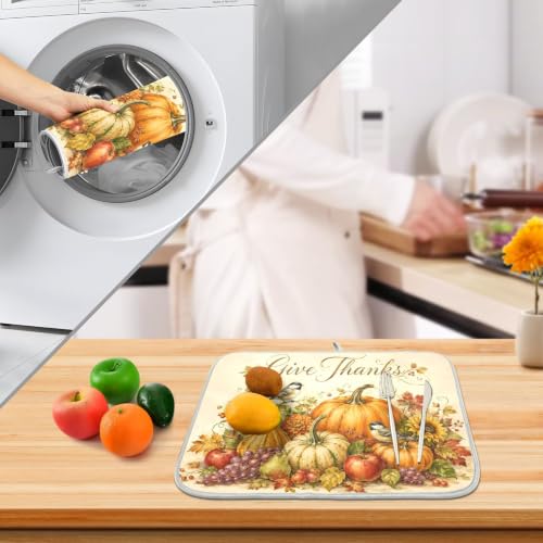 Thanksgiving Dish Drying Mat for Kitchen Counter Absorbent Microfiber Large Drying Pad Fall Autumn Harvest Pumpkin Dish Mats for Kitchen Countertops 18 x 24 Inch (Thanksgiving Harvest / 24" x 18")