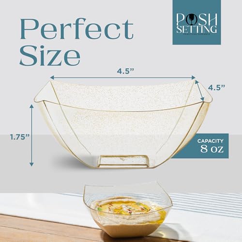 4 Pack Disposable Gold Plastic Serving Bowls Square Party Candy Use 8oz (8 OUNCE / GOLD GLITTER)
