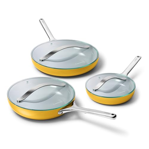 Carway Fry Pan Trio with Glass Lids (1x 8 IN, 1x 10 IN, & 1x 12 IN / Marigold)