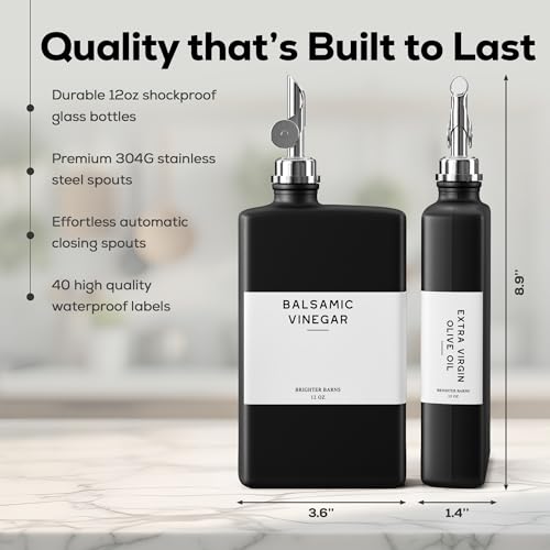 Black Glass Olive Oil Dispenser Bottle for Kitchen by Brighter Barns (Black/Silver)
