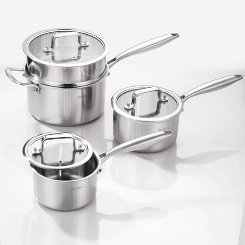 Tri Ply Stainless Steel Saucepan 1QT 2QT 3.5QT Kitchen Pot Set (Silver)