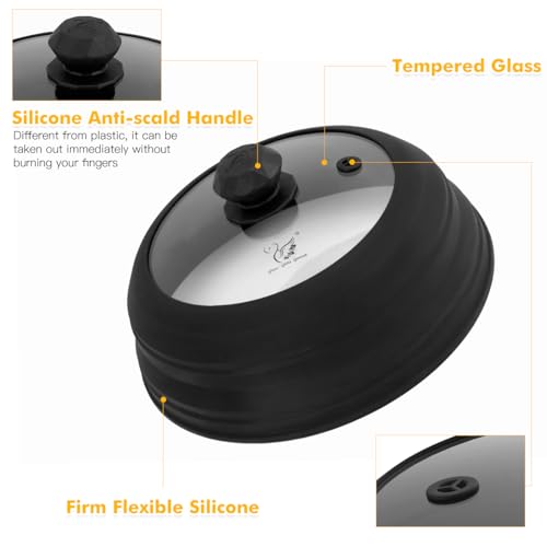 Microwave Splatter Cover Vented Glass Splatter Guard Lid with Collapsible Silicone for Food as Pot Cover Plate 9.8 inch Black (9.8 inch / Black Lid)
