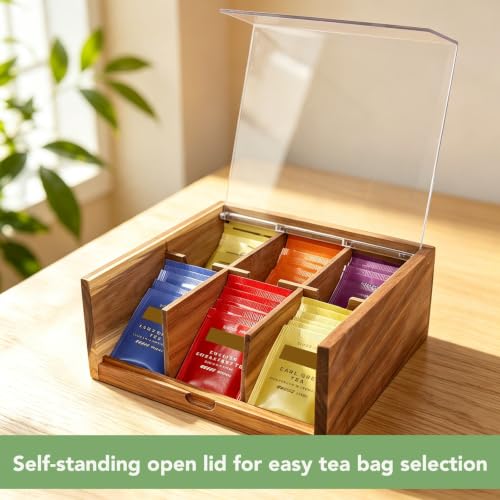 Acacia Wood Tea Bag Organizer Storage Box with 6 Compartments (Compact-Acacia Wood)