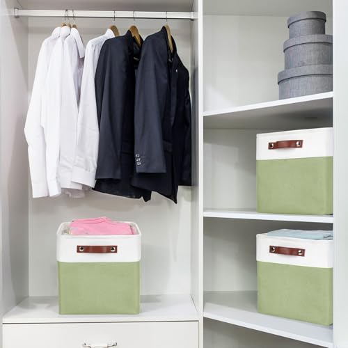 Collapsible Fabric Storage Cubes 11x11 Cube Storage Bins (Green / Off-White / Cube - 11"x11"x11")