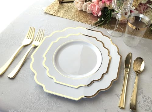 OCCASIONS Disposable Plastic Plates for 25 Guests (200 Piece (25 Guest) / K. Imperial White & Gold)