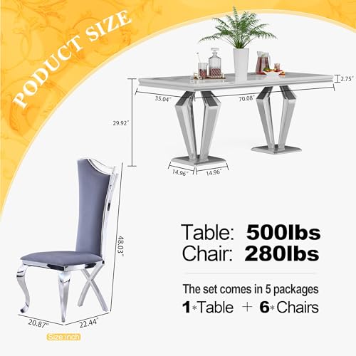 7 Piece Luxury Dining Room Set (Silver White + Grey / Dining Table + 6 High Back Chairs)