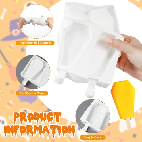 Halloween Coffin Shaped Mold Large 4 Cavity Reusable Silicone Cakesicle Cake Pop Ice Cream Mold for Halloween Adults Homemade Ice Cream Chocolate Candy DIY Trick Dessert Decorating (Coffin)