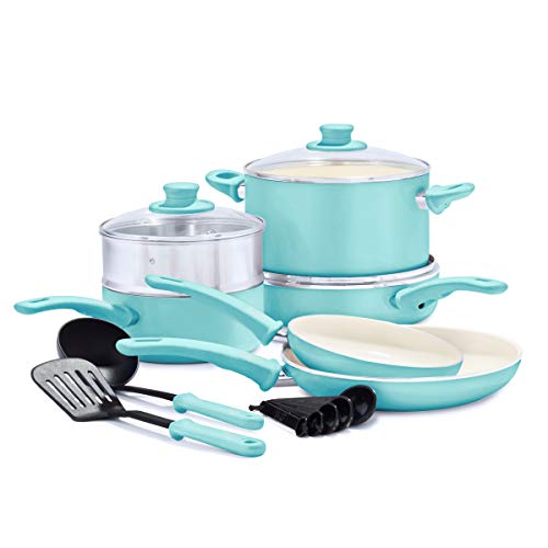 Soft Grip Healthy Ceramic Nonstick 12 Piece Cookware Pots and Pans Set (12 Piece Cookware Set / Turquoise)