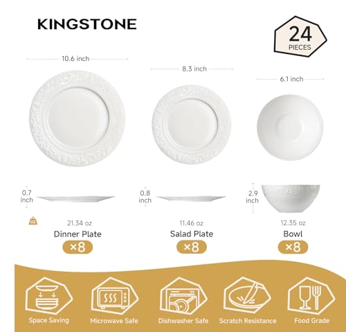 24Pcs Vintage Relief White Bone China Set (White-Retro Embossed / service for 8-24pcs)