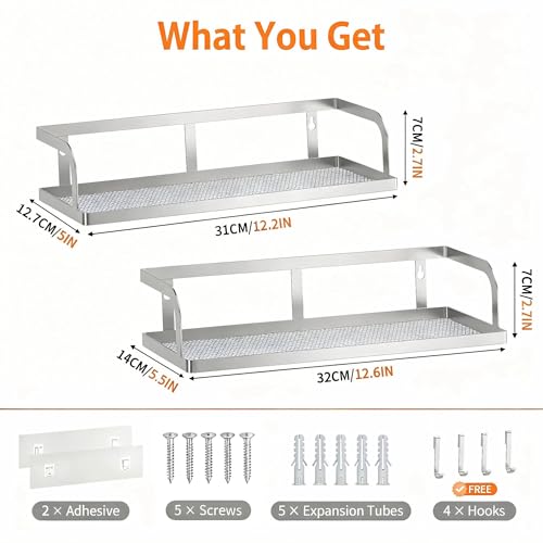 2 Pack Wide Hollowout Shower Caddy & Spice Rack (Silver Grey / U-Shape Easy Access (12.6" Wide))