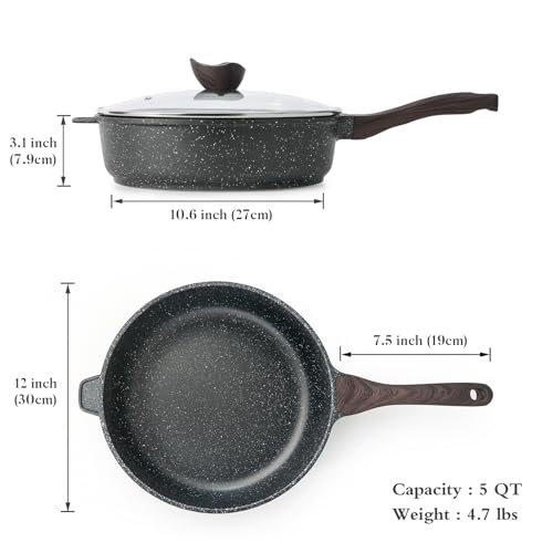 Nonstick Deep Frying Pan with Lid (Classic Granite / 12 Inch)