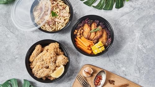 24 oz 150 ct Round Meal Prep Food Storage Containers with Lids To Go Plastic Lunch Plan Box Disposable Take Out Bowls Black BPA Free Reusable Durable Stackable Microwave Freezer Dishwasher Safe (24R-150)