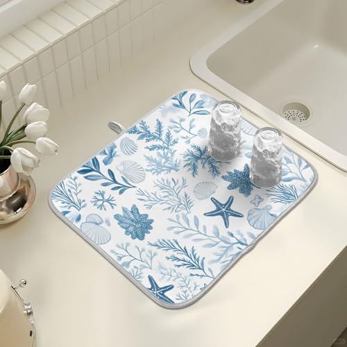 Coastal Sea Star Coral Nautical Dish Drying Mat for Kitchen Counter Absorbent Microfiber Small Drying Pad Dish mats for Kitchen Countertops 16 x 18 Inch (Coastal Sea / 18" x 16")