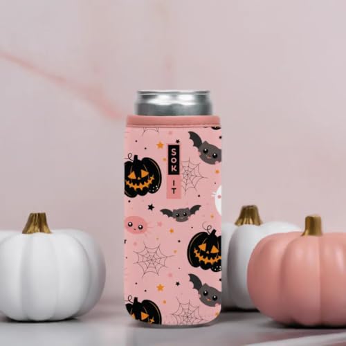 CanSok Sleeve for Beer & Soda Insulated Neoprene Cover (Spooky in Pink / 12oz Can Sleeve)