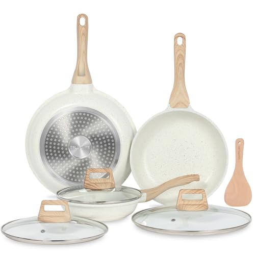 Nonstick Ceramic Frying Pans Skillets Set with Lids (8"+9.5"+11" Set w/Lids / White)