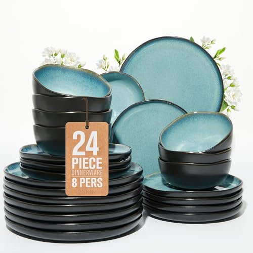 Stoneware Dinnerware Sets for 8 (Green Black / Set (24pcs))