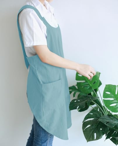 Japanese Cotton Cross Back Kitchen Cooking Aprons for Women with Pockets Cute for Baking Painting Gardening Cleaning Sky Blue (10 - Women's Light Blue)
