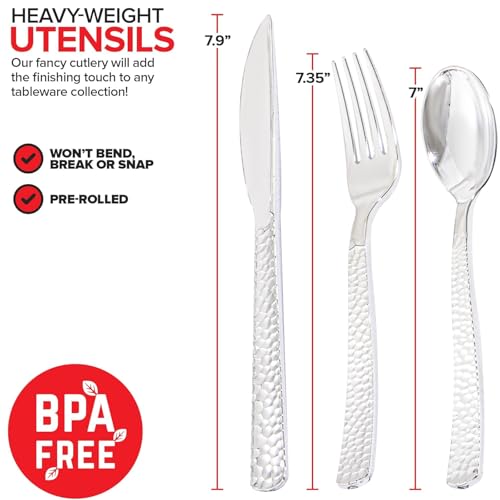 400PCS Silver Wrapped Silverware Set Disposable Hammered for Wedding (Silver - Hammered)