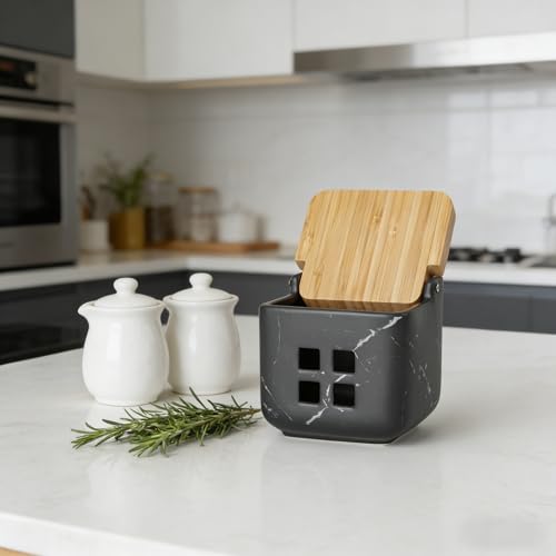 Ceramic Garlic Keeper with Bamboo Lid (Marble Black)