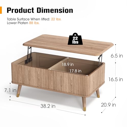 Lift Top Coffee Table with Storage for Living Room (Natural Oak)