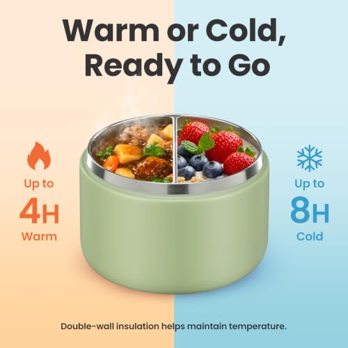 12oz Insulated Vacuum Food Jar with Buckle Lid Wide Mouth Soup Thermo for Hot Food Kids Leakproof Stainless Steel Lunch Container (Green / 12OZ)