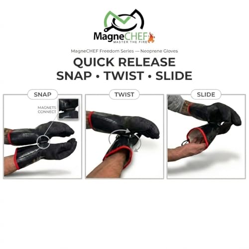 Freedom BBQ Gloves 932°F Heat Rated Magnetic EZ On Off Safety Clips Waterproof for Grills Smokers Fryers Ovens (18" Gloves)