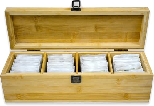 Tea Organizer Box Food Safe Bamboo Wood Chemical Free Big (4-Slot Across / Tea Pot)