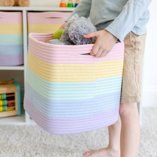 Storage Cubes 11 Inch Cotton Rope Woven Baskets for Organizing (Pastel Rainbow)