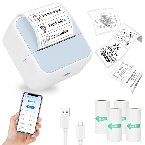 Sticker Printer with 4 Roll Paper Portable Thermal Inkless Printer (Blue)