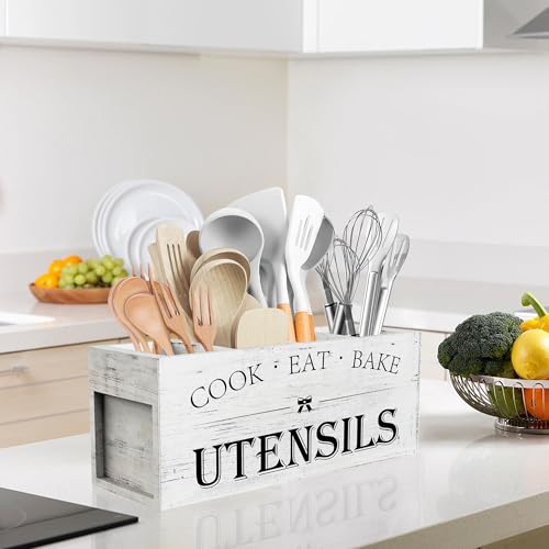 Extra Large Utensil Holder Countertop for Kitchen Counter (White Grain)