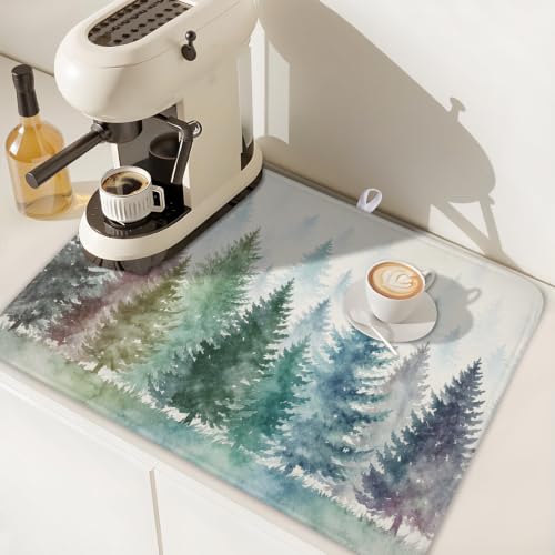 Pine Tree Dish Drying Mat Natural Forest Fog Microfiber Dishes Pad 18x24 Inch Absorbent Fast Dry Dish Drainer Rack Mats for Kitchen Counter (Pine / 18x24 inch)