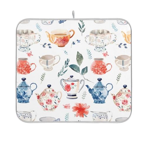 Watercolor Tea Cups Teapots Dish Drying Mat for Kitchen Counter Absorbent Microfiber Drying Pad (18" x 18")