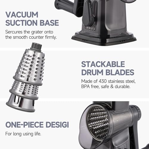 Rotary Cheese Grater with Handle Kitchen Shredder Slicer Grater Slicer Ice Shaver Cheese Vegetable Nuts Potato Zucchini Chocolate 3 Interchangeable Blades (9.06"L x 4.33"W x 9.07"H / Dark Gray)